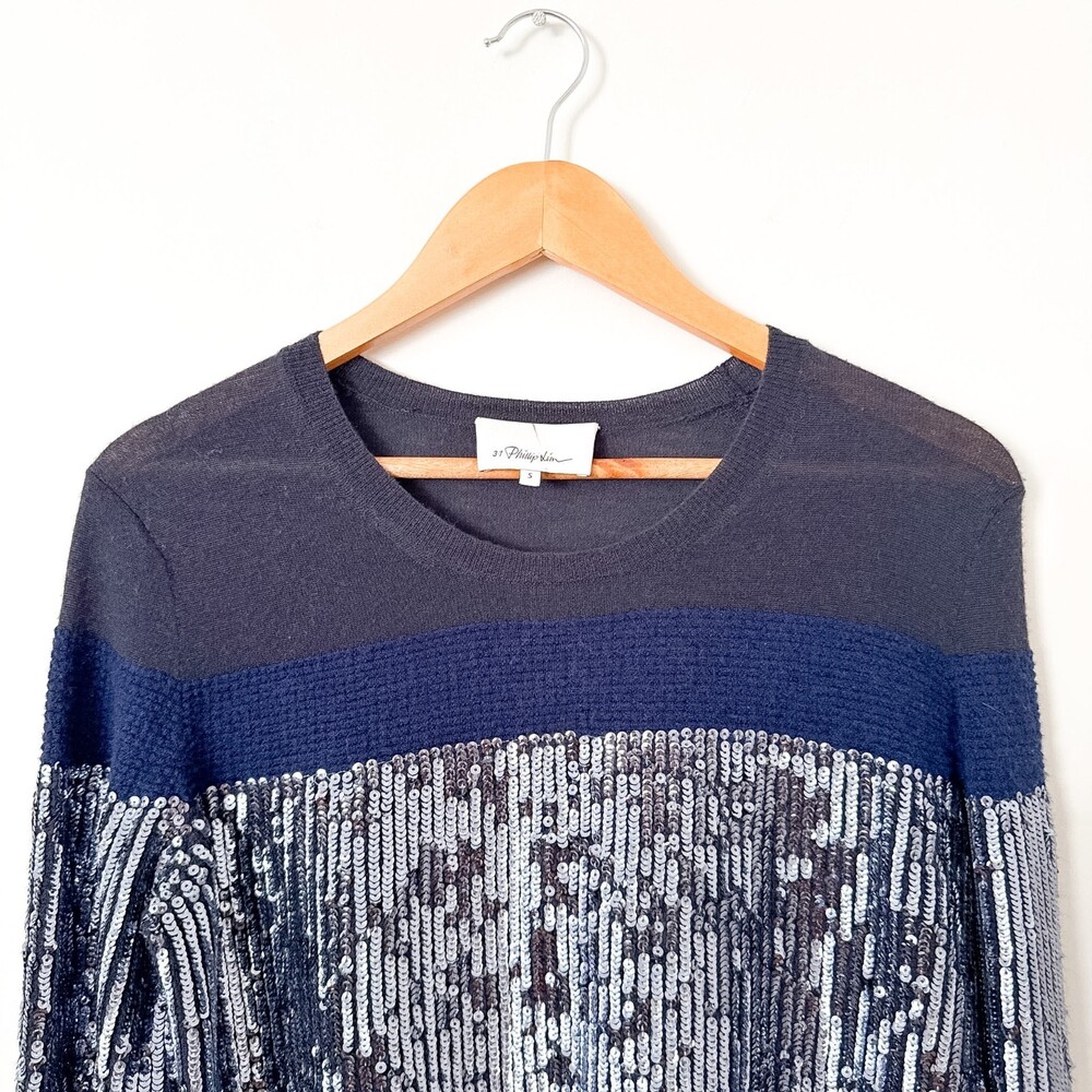 3:1 Phillip Lim Women’s Sweater Wool Sequin Size SMALL Navy Elegant Merino Wool - Picture 6 of 11